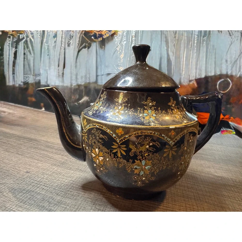 Vintage Moriage Style Teapot Black Gold Floral Made in England Decorative Teawar